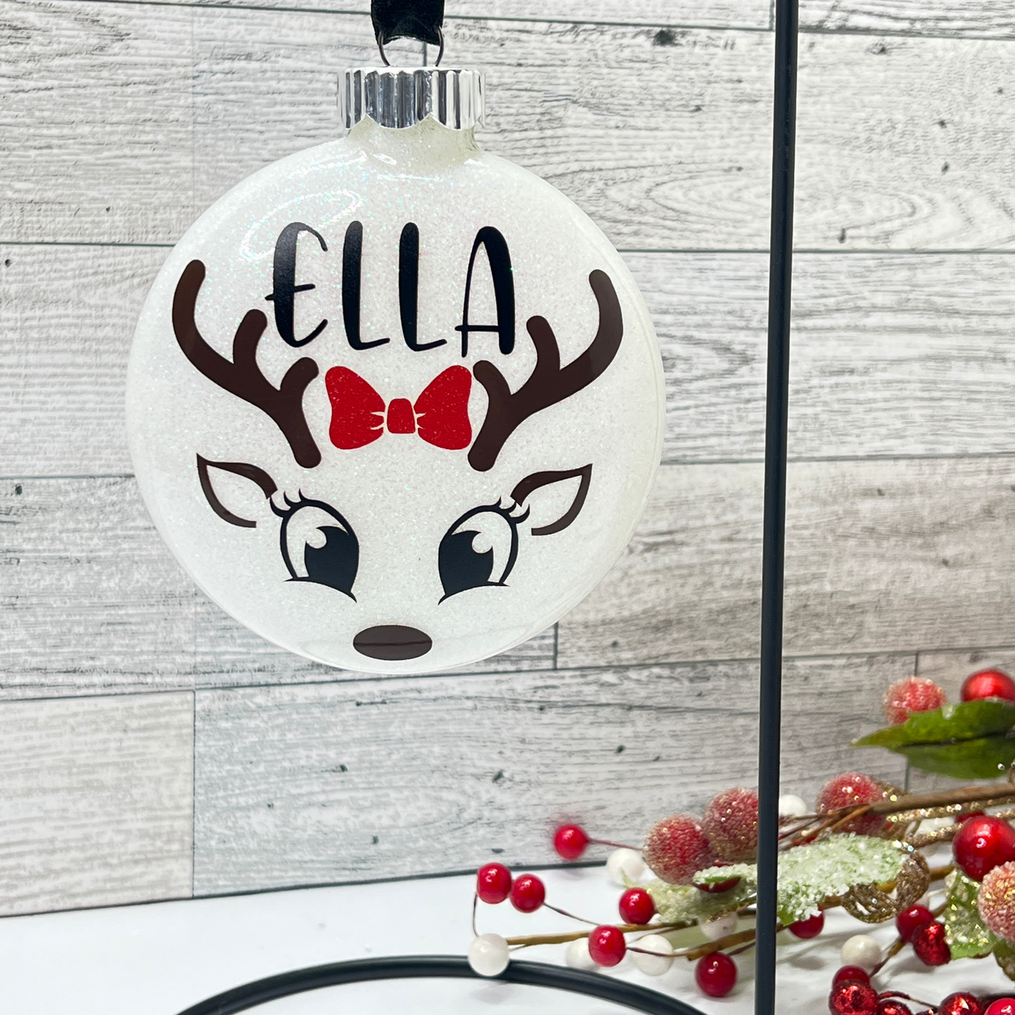 Cute Personalized Reindeer Glass Ornament With or Without Bow